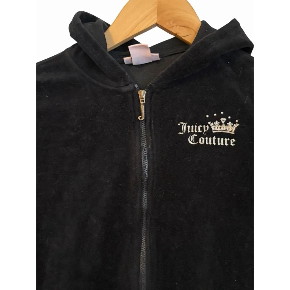 Juicy Couture Y2K Track Jacket  Girls 8/10  Black Velour Hoodie Studded Bling 90